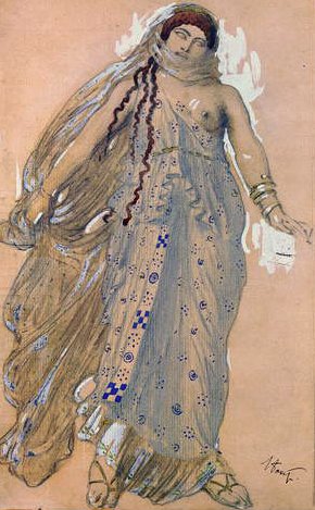 Phaedra, Kostymdesign för Euripides-dramat Hippolytos, 1902 (wc & olja på kartong) av Leon Bakst