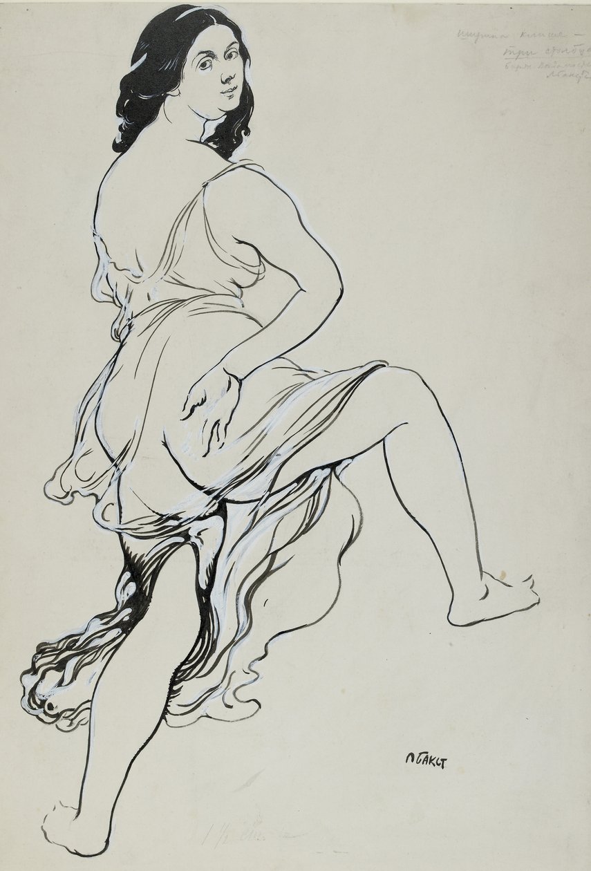 Porträtt av Isadora Duncan som dansar (pensel och tusch över spår av grafit, korrigerat i vit bodycolour på fint texturerat, gråvitt papper) av Leon Bakst