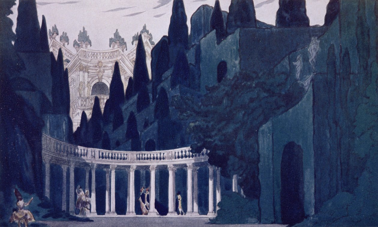 Landskapsdesign för Royal Garden, från Törnrosa, 1921 av Leon Bakst