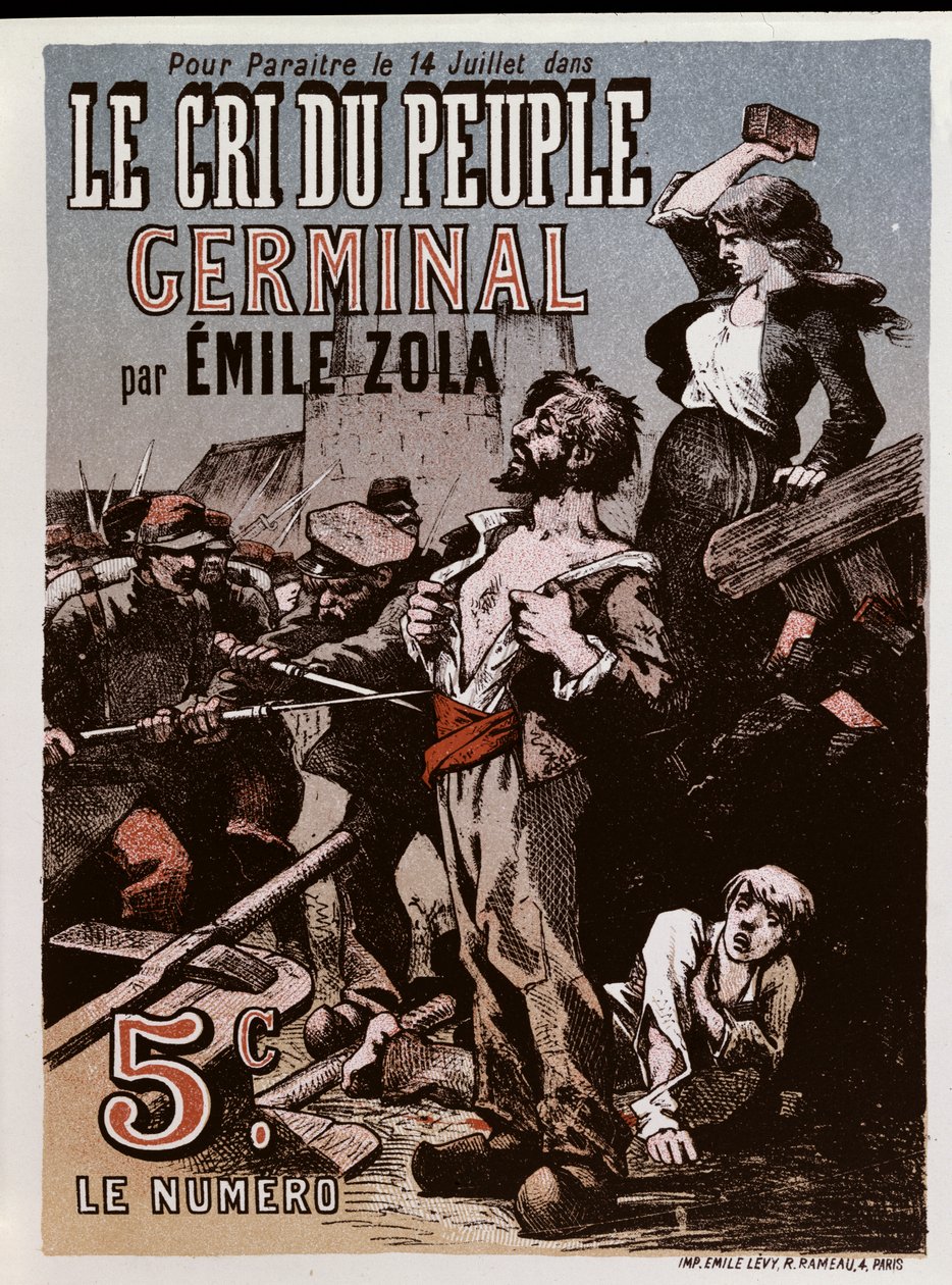 Affisch som annonserar publiceringen av "Germinal" av Emile Zola (1840-1902) i "Le Cri du Peuple" av Leon Choubrac