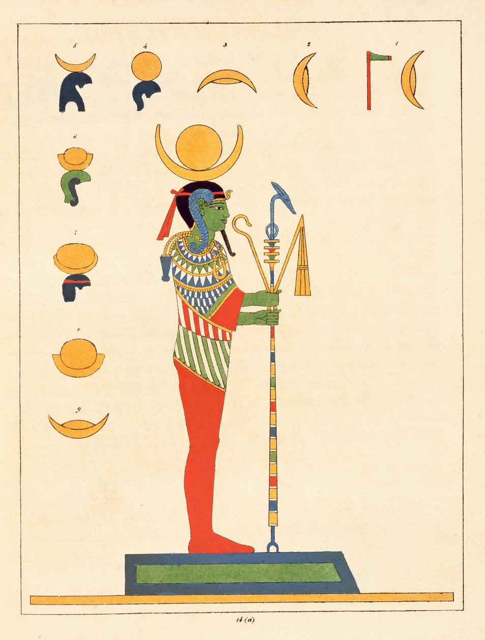 Guden Khonsu, illustration från Egyptian Pantheon: samling mytologiska karaktärer från det antika Egypten av Jean-Francois Champollion, publicerad 1823-25 av Leon Jean Joseph Dubois