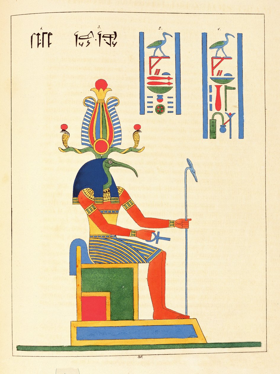 Guden Thoth, illustration från Egyptian Pantheon: samling mytologiska karaktärer från det antika Egypten av Jean-Francois Champollion, publicerad 1823-25 av Leon Jean Joseph Dubois
