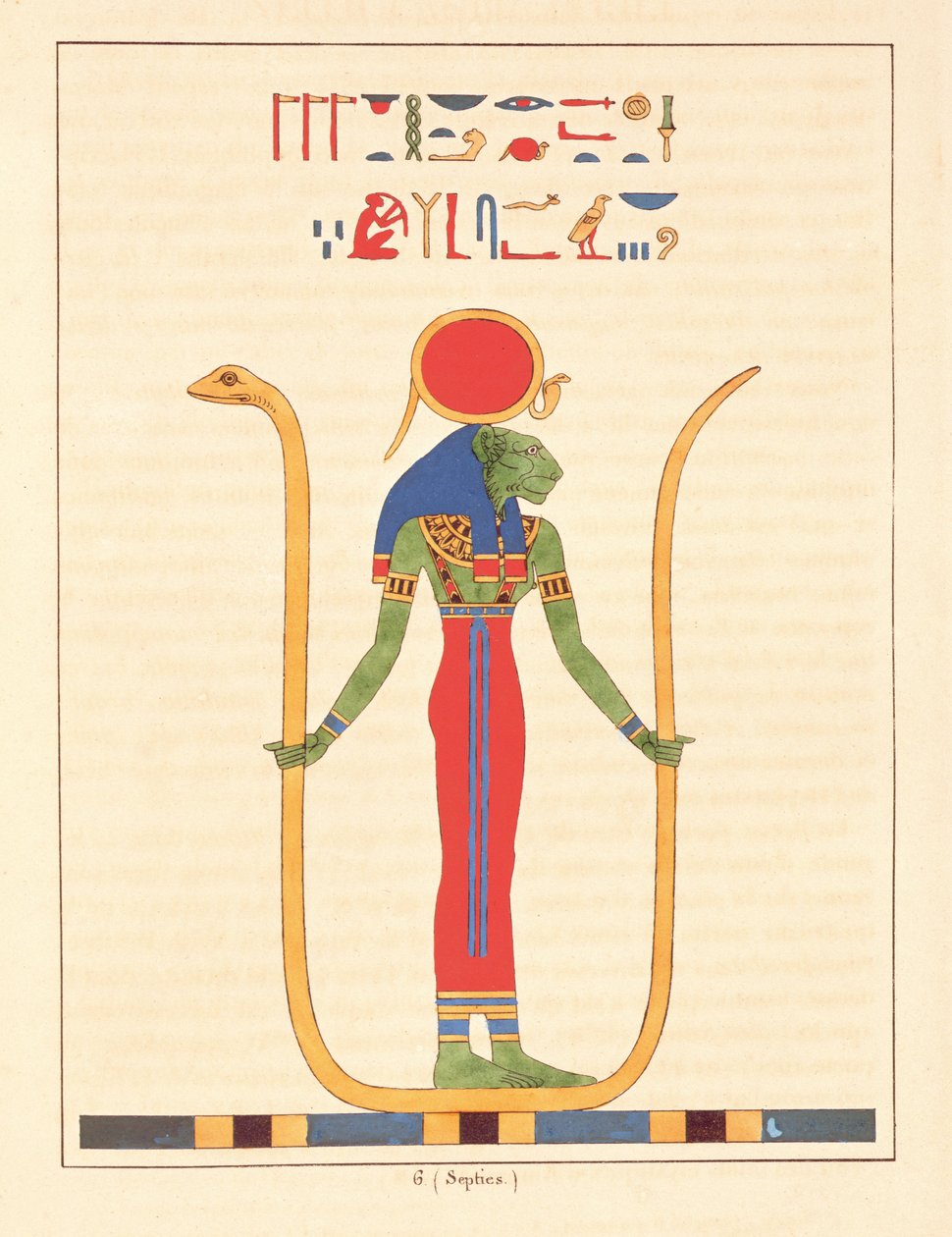 Gudinnan Sekhmet, illustration från Egyptian Pantheon: samling mytologiska karaktärer från det antika Egypten av Jean-Francois Champollion, publicerad 1823-25 av Leon Jean Joseph Dubois