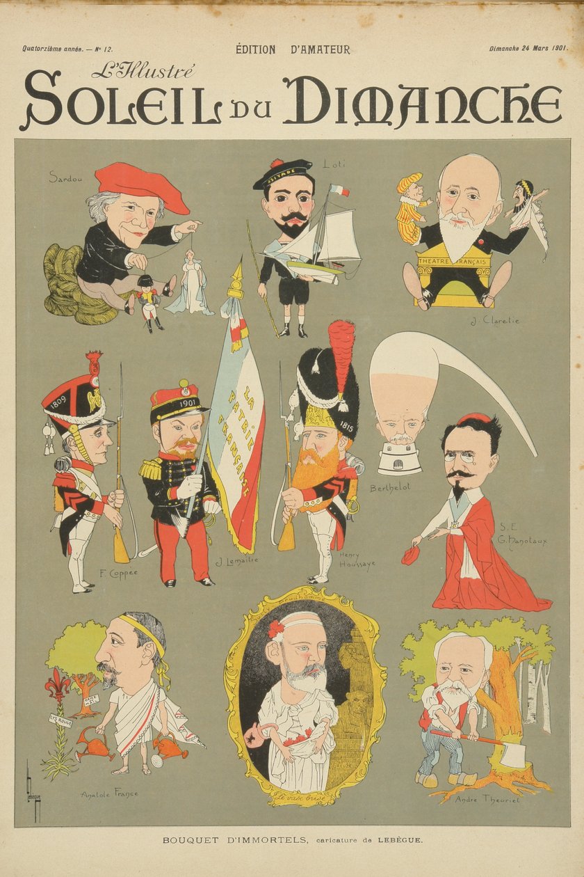 Karikatyr av medlemmar av Academie Francaise, från omslaget till "Soleil du Dimanche", söndagen den 24 mars 1901 av Leon Lebegue