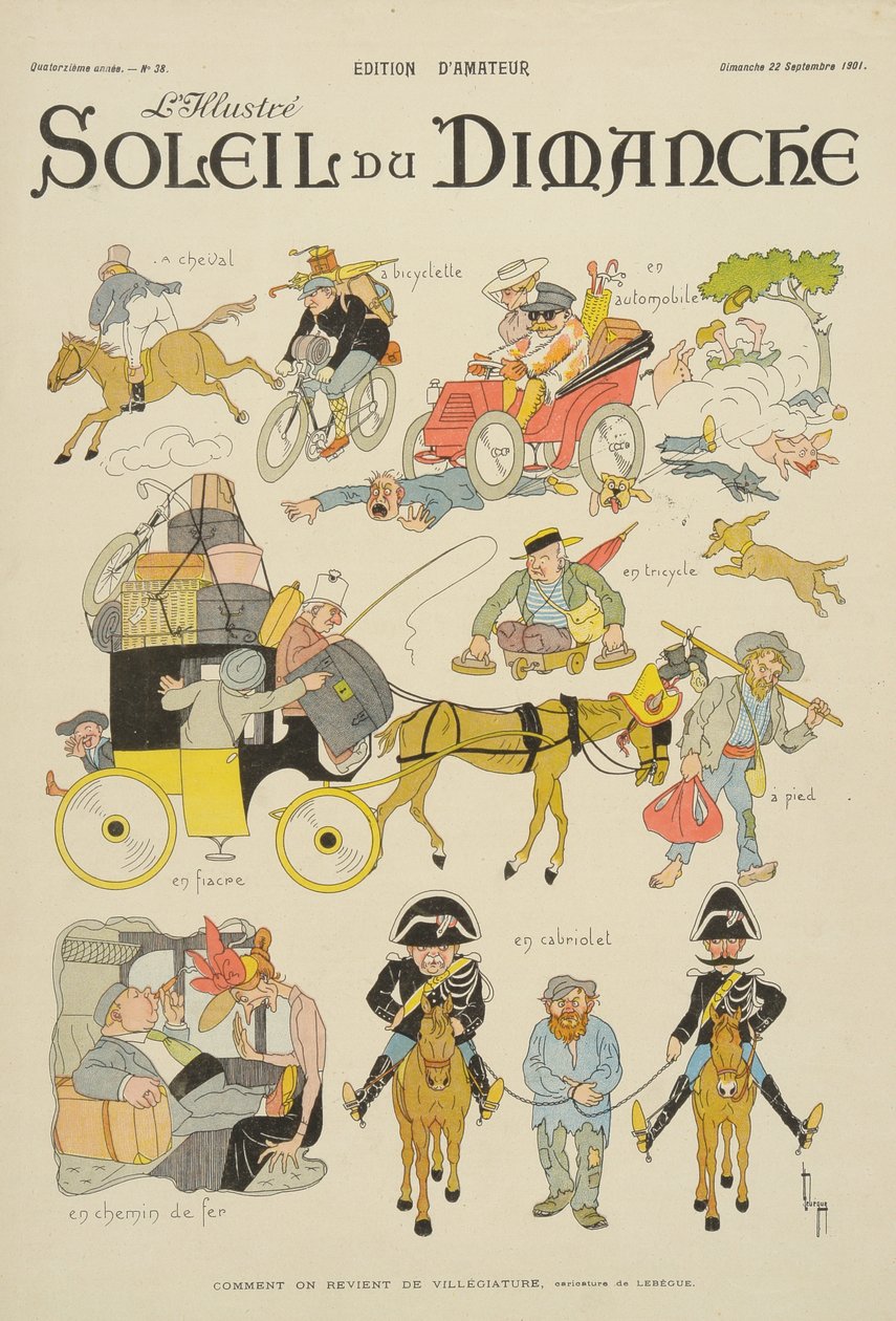 Sätt att återvända från semestern, från omslaget till "Soleil du Dimanche", söndagen den 22 september 1901. av Leon Lebegue
