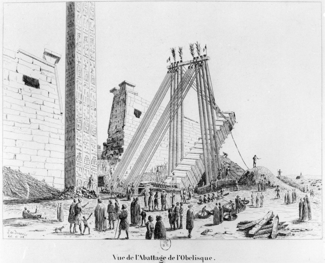 Dra ner obelisken från Luxortemplet, från Campagne Pittoresque de Luxor, 1835 av Leon de Joannis