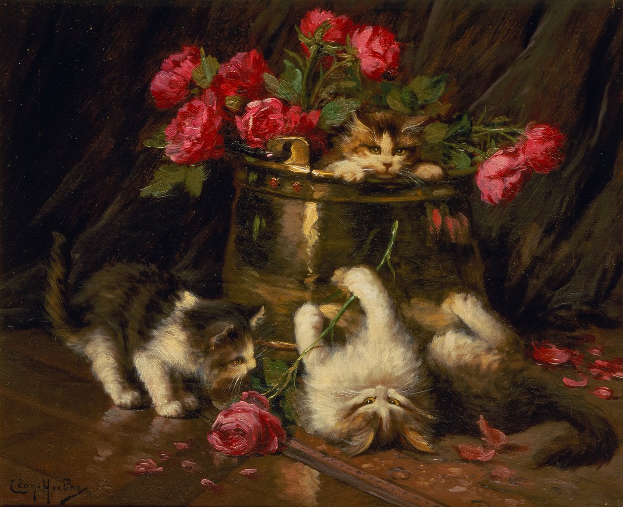 Lekfulla kattungar (olja på duk) av Leon Charles Huber