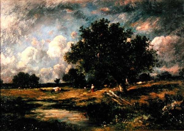 Landskap med kor och figurer (olja på duk) av Leon Victor Dupre