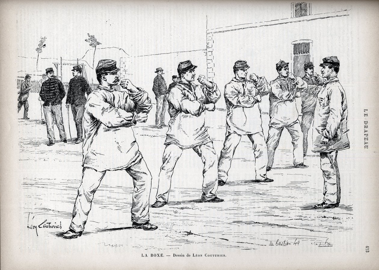 La Boxing - French Armees - teckning av Leon Couturier (1842-1935) - för "" The Flag" - Monitor of the League of Patriotes" - 22 augusti av Leon Antoine Lucien Couturier