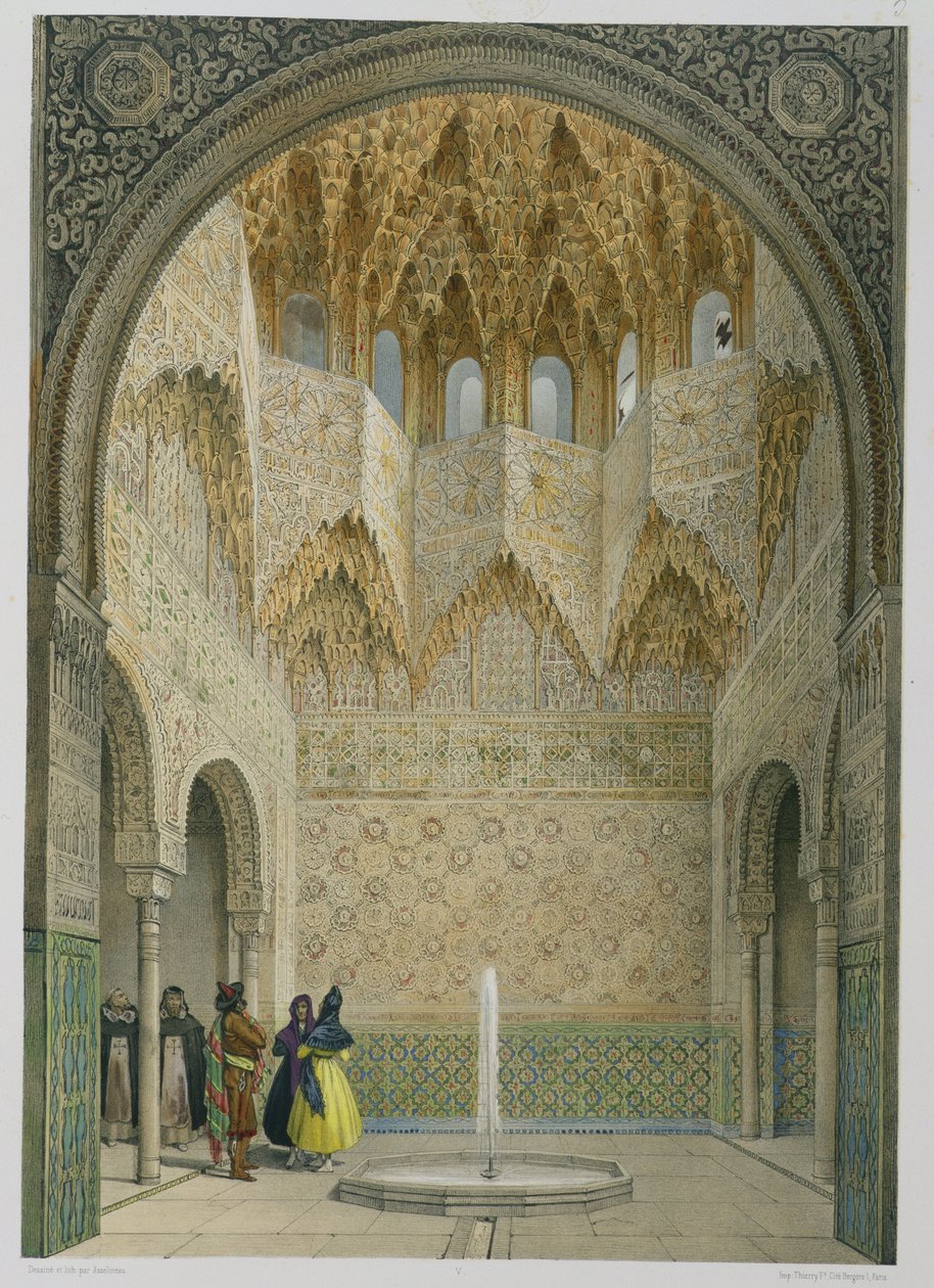 The Hall of the Abencerrages, Alhambra, Granada, 1853 (färgad litho) av Leon Auguste Asselineau