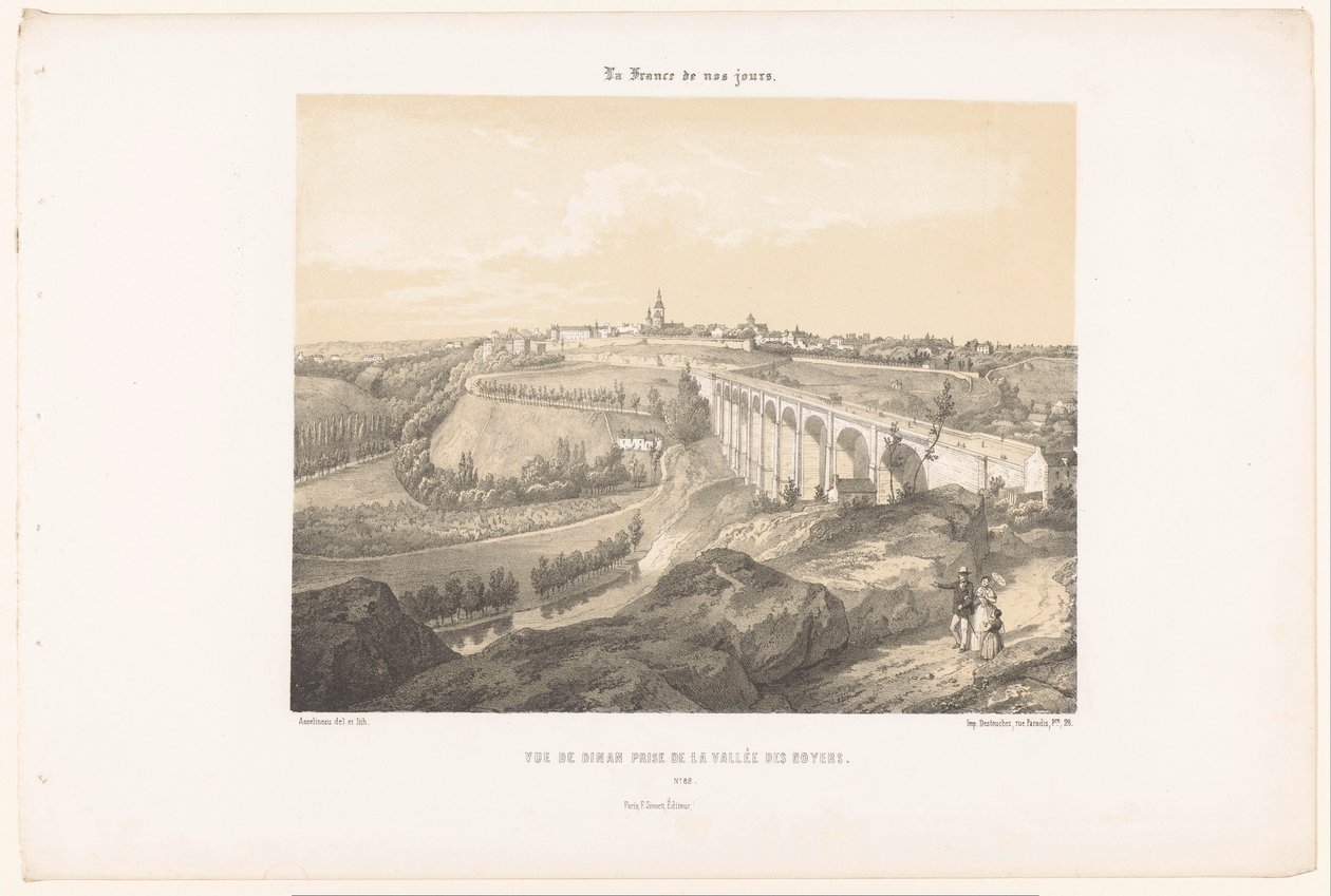 Utsikt över Dinan och viadukten över floden Rance Vue de Dinan prize de la Vallée des Noyers (titel på objekt) Contemporary France (serietitel) La France de nos jours (serietitel på objekt) av Leon Auguste Asselineau
