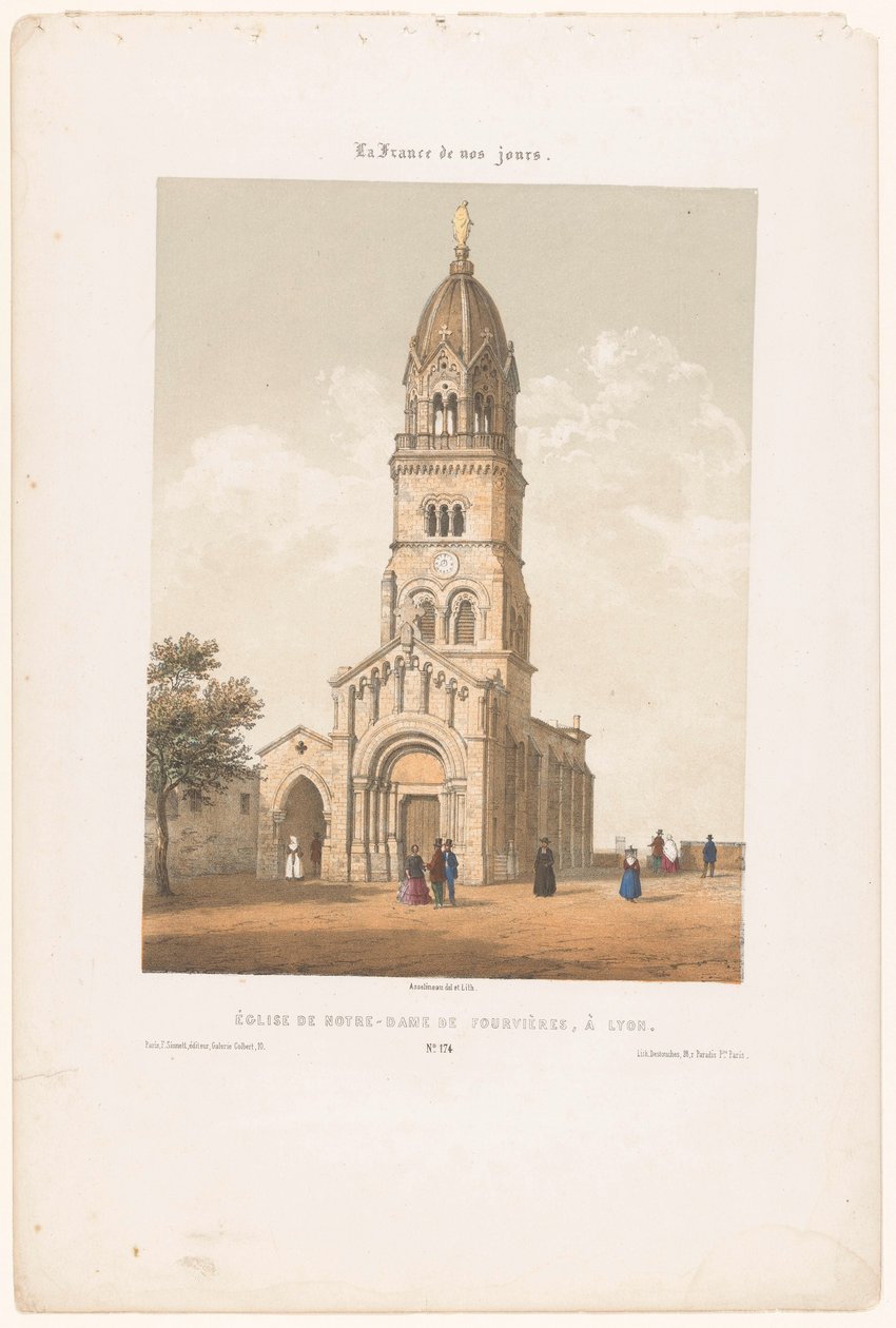 Zicht op de basilica Notre-Dame de Fourvière i Lyon Kyrkan Notre-Dame de Fourvières i Lyon (titel på objektet) Hedendaags Frankrijk (serietitel) Frankrike nuförtiden (serietitel på objekt) av Leon Auguste Asselineau
