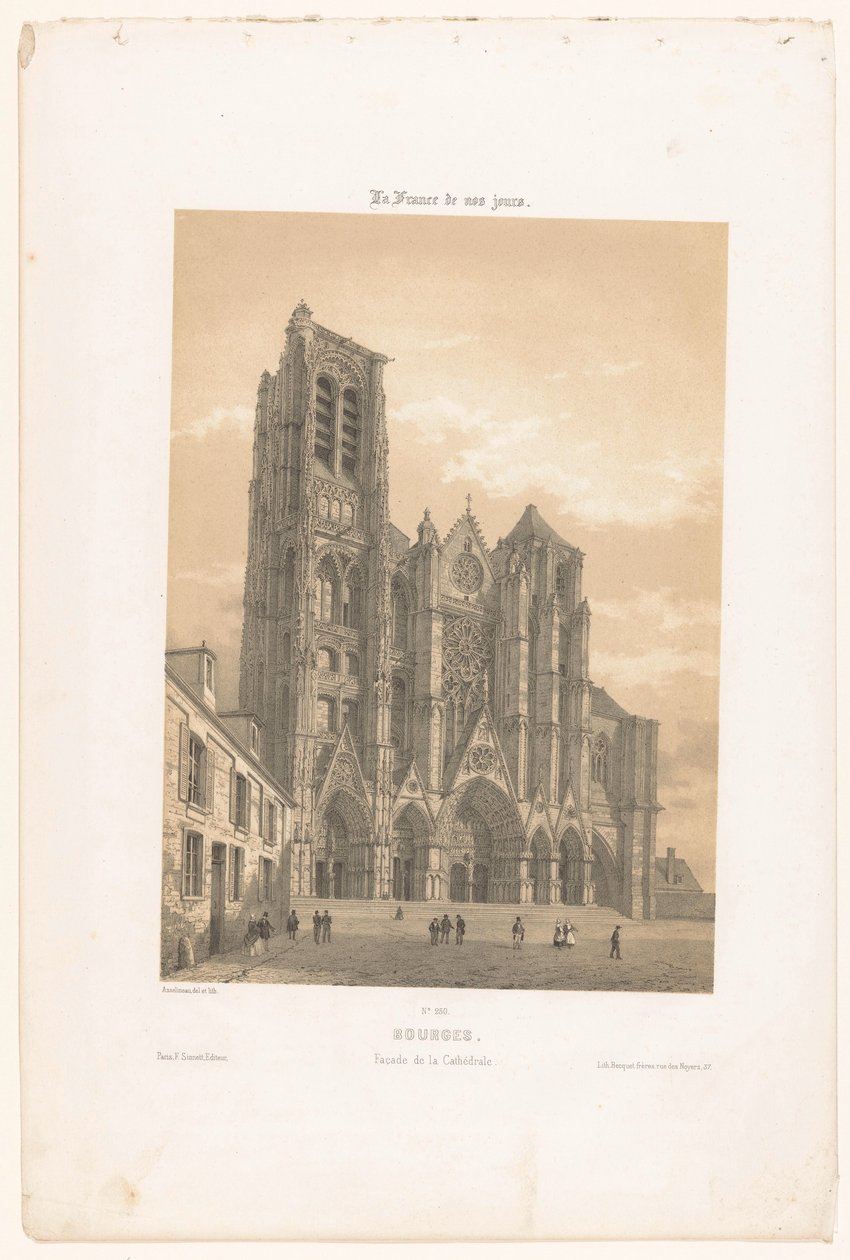 Utsikt över fasaden av katedralen i Bourges Bourges. Fasad de la cathédrale (titel på objekt) Contemporary France (serietitel) La France de nos jours (serietitel på objekt) av Leon Auguste Asselineau