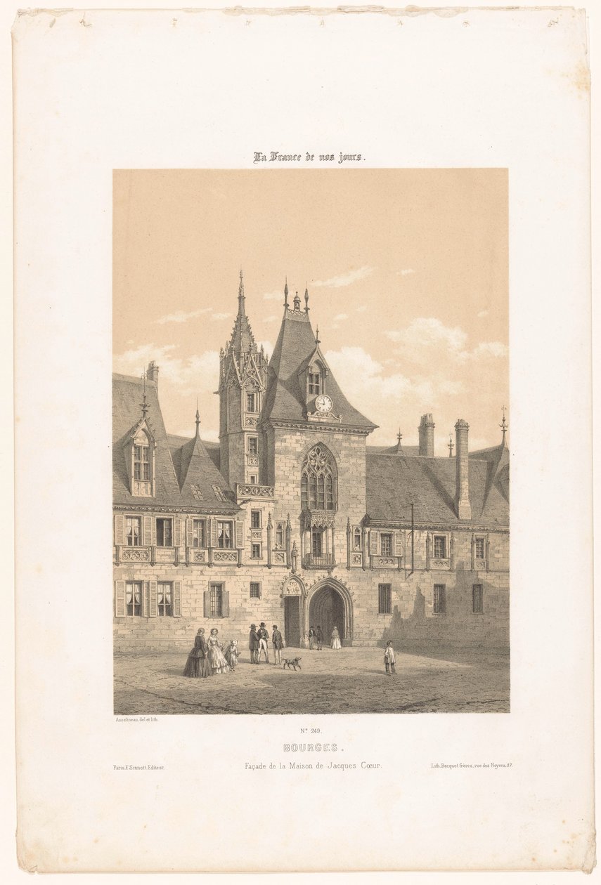 Vy över fasaden av Palais Jacques-Coeur i Bourges Bourges. Fasad de la maison de Jacques Coeur (titel på objekt) Contemporary France (serietitel) La France de nos jours (serietitel på objekt) av Leon Auguste Asselineau