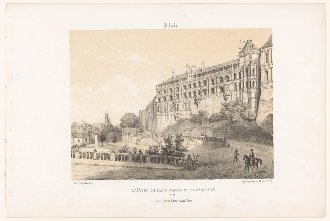 Utsikt över fasaden av kung Francis I av slottet Blois Blois. Château de Blois, fasad av François Ier. (titel på objekt) Contemporary France (serietitel) La France de nos jours (serietitel) av Leon Auguste Asselineau
