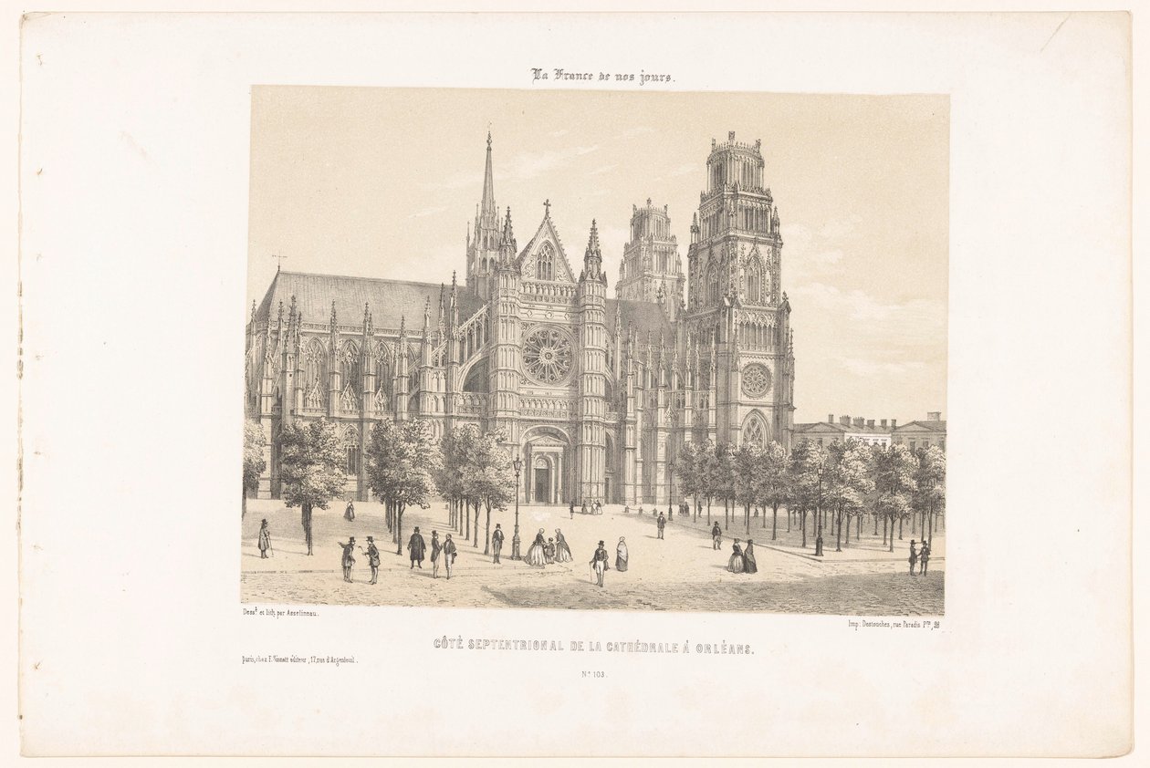 Utsikt över Orleans katedral (norra sidan) Côté septentrional de la cathédrale à Orléans (titel på objekt) Contemporary France (serietitel) La France de nos jours (serietitel på objekt) av Leon Auguste Asselineau
