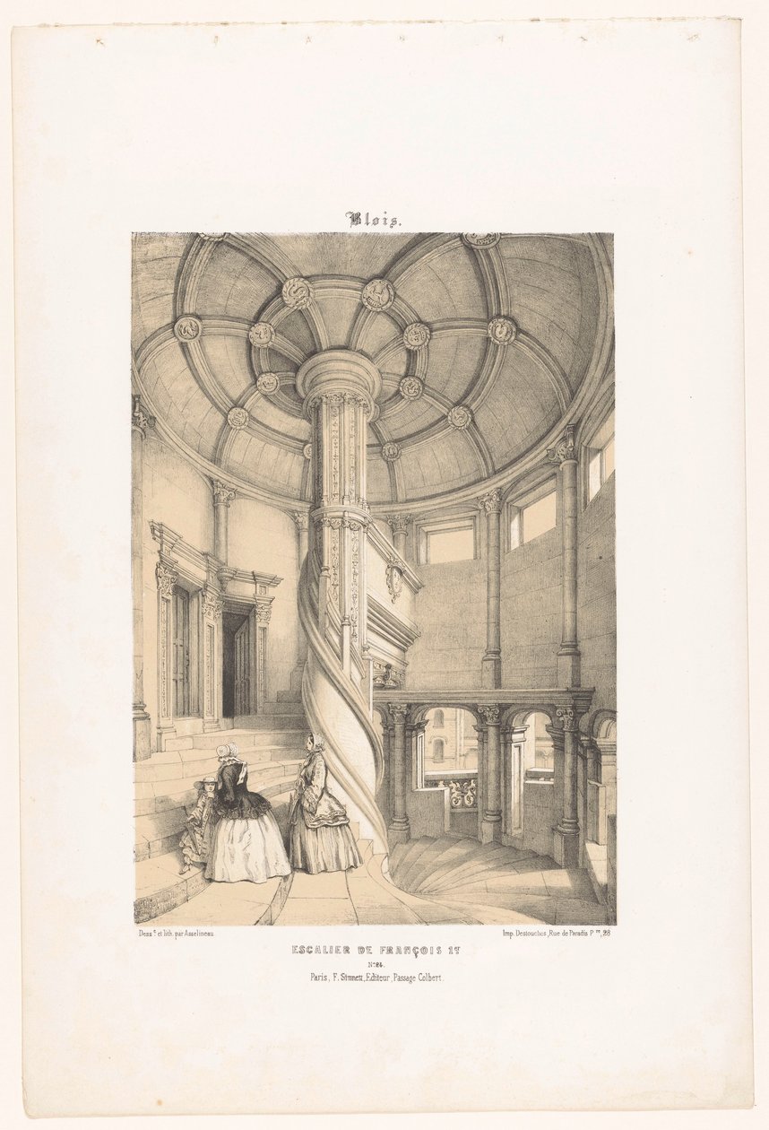 Vy över kung Francis I:s spiraltrappa i Blois Slott blois. Escalier de François Ier (titel på objekt) Contemporary France (serietitel) La France de nos jours (serietitel) av Leon Auguste Asselineau