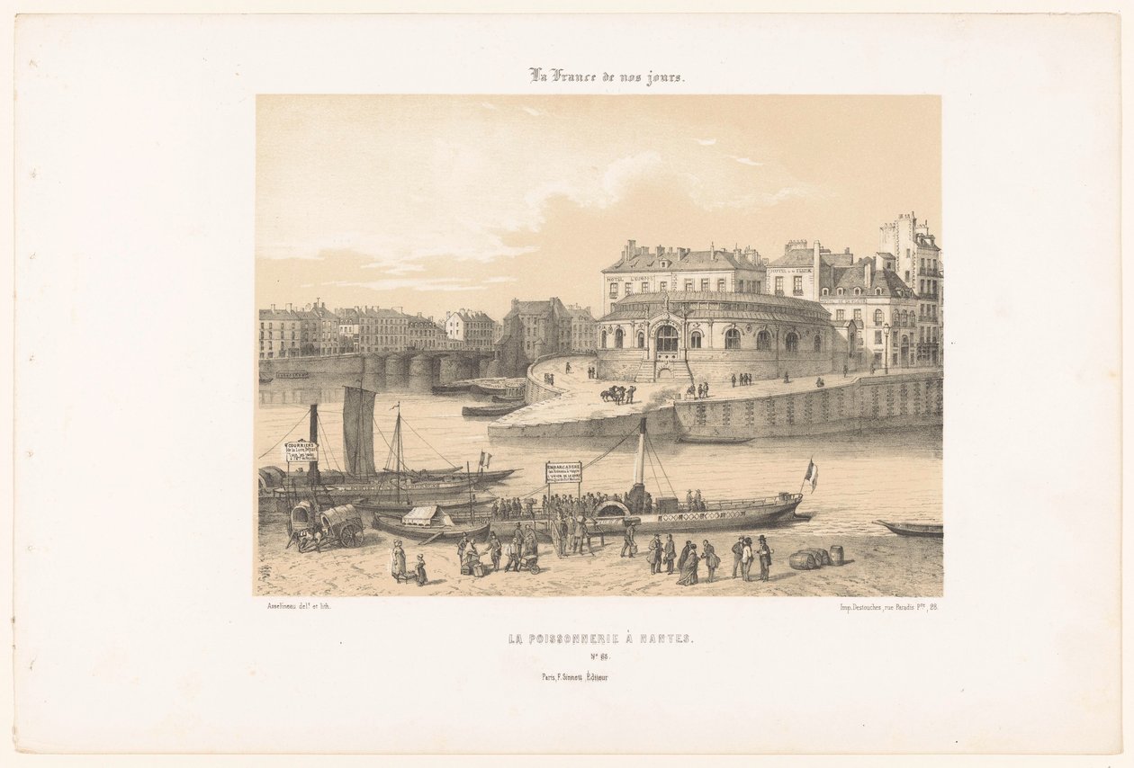 Utsikt över fiskehallen i Nantes från bryggan La poissonnerie à Nantes (titel på objekt) Contemporary France (serietitel) La France de nos jours (serietitel på objekt) av Leon Auguste Asselineau