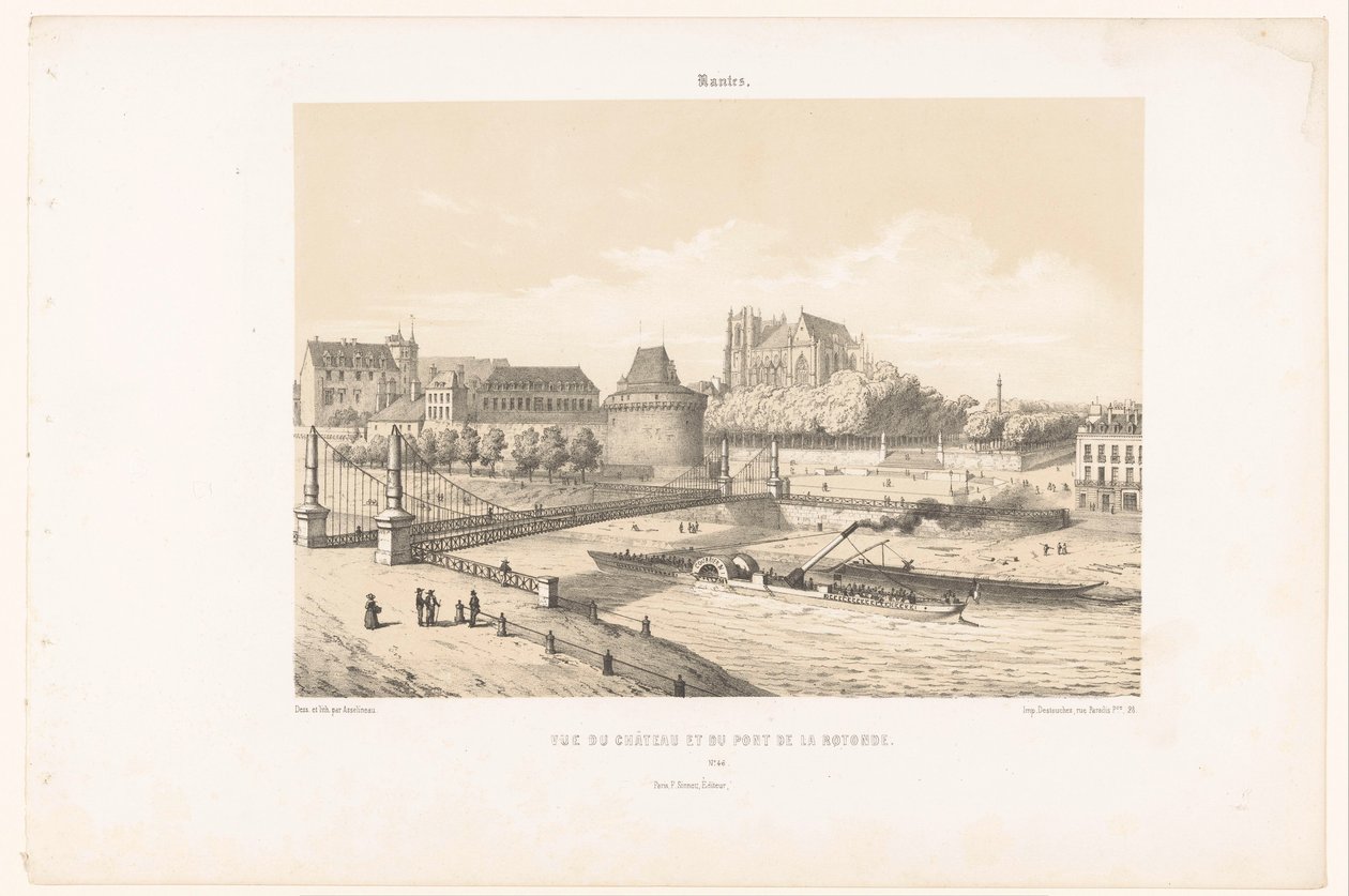 Utsikt över slottet och Pont de la Rotonde över Loire i Nantes Nantes. Vue du château et du pont de la Rotonde (titel på objekt) Contemporary France (serietitel) La France de nos jours (serietitel) av Leon Auguste Asselineau