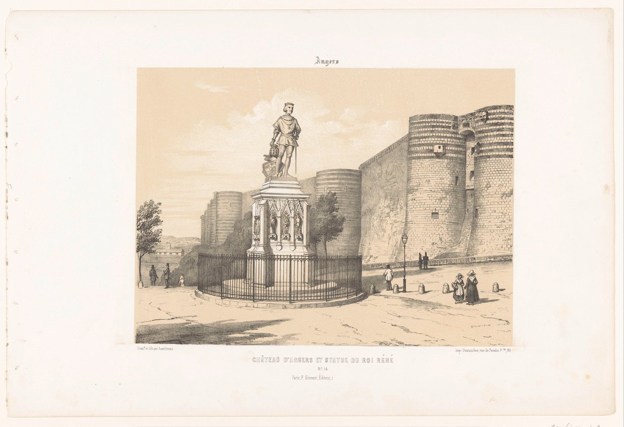 Utsikt över statyn av René I av Anjou och slottet Angers Ilska. Château d