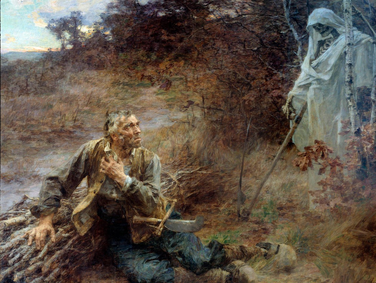 Döden och trämannen Illustration till fabeln av Jean de La Fontaine (1621-1695) Målning av Leon Augustin Lhermitte (1844-1925) 1893, 2,06 x 2,42 m Chateau Thierry, musée La Fontaine - Döden och skogshuggaren. Illustration till fabeln om Jean de La av Leon Augustin Lhermitte