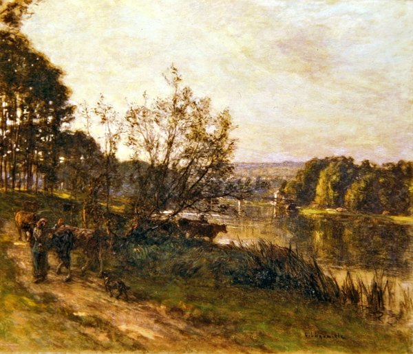 River Crossing (färgade kritor och pastell på papper) av Leon Augustin Lhermitte