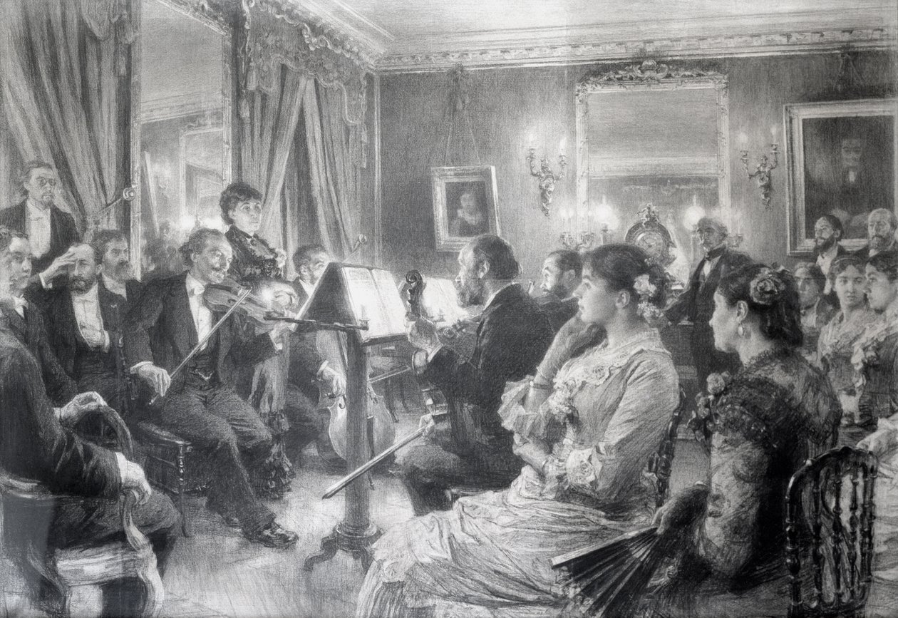 Kvartetten eller den musikaliska kvällen i huset av Amaury Duval, 1881 (kol på papper) av Leon Augustin Lhermitte