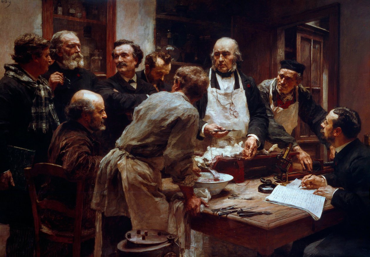 Dissektionskursen för läkaren Claude Bernard (1813-1878) (med förklädet) i närvaro av hans elever Paul Bert (1833-1886) och Arsonvals målning av Arsene (1851-1940) av Leon Augustin Lhermitte (1844-1925) 19. århundradet Paris, Vetenskapsakademin av Leon Augustin Lhermitte