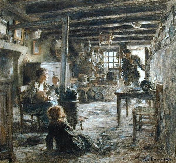 Une Famille, Interieur Fonte (Faderns återkomst) 1887 (pastell på papper) av Leon Augustin Lhermitte