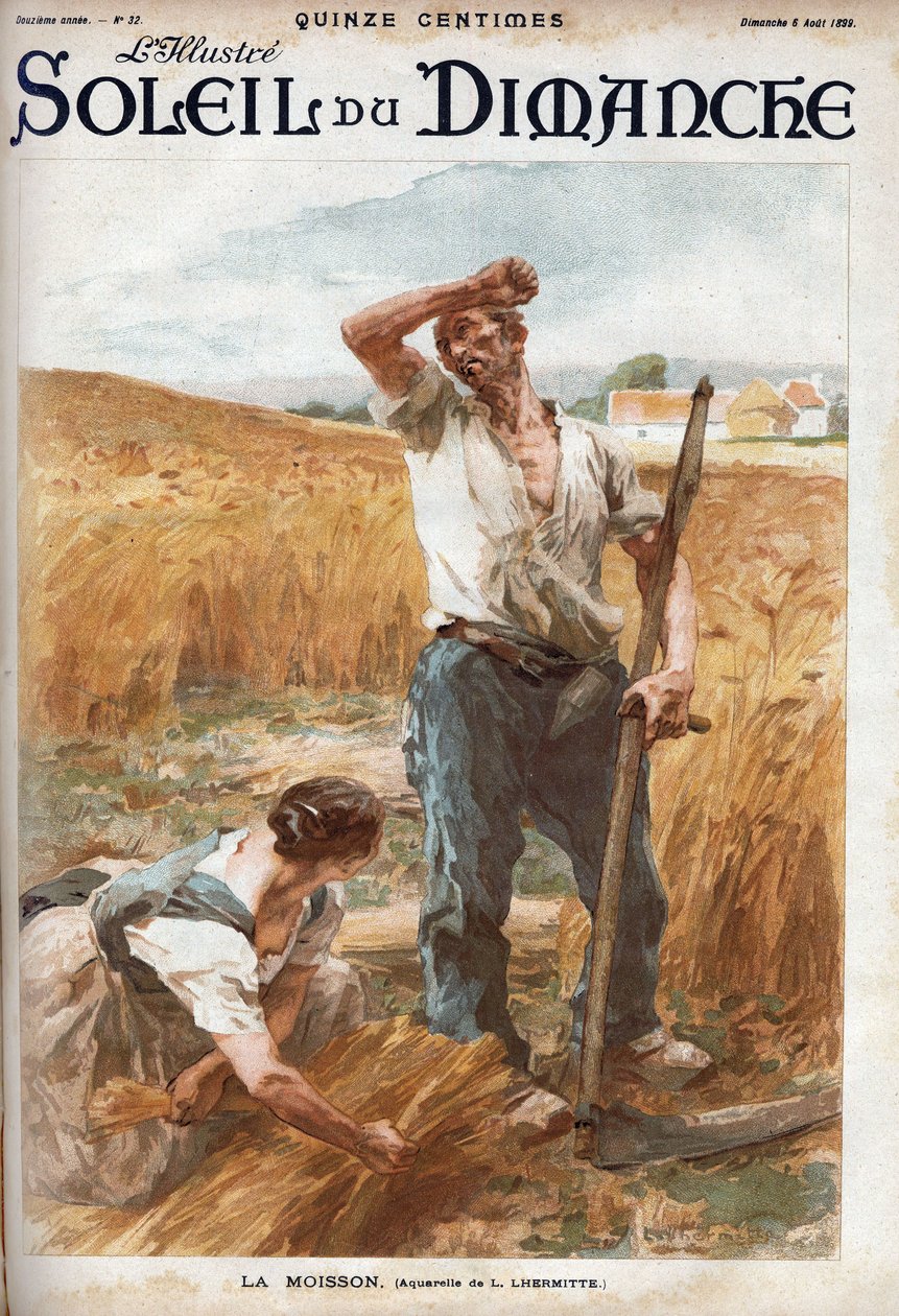 skörden. Bönder som klipper vetet på en åker. (baserat på L. Lhermittes akvarell) Gravyr i "" Le sun-du-dimanche"", 6 augusti av Leon Augustin Lhermitte