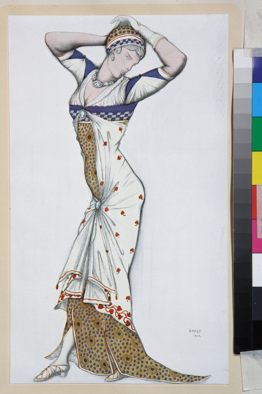 Design av en modern klänning - Verk av Leon Bakst (1866-1924), litografi cirka 1910 - (Design av en modern klänning, färglitografi av Leon Bakst av Leon Bakst
