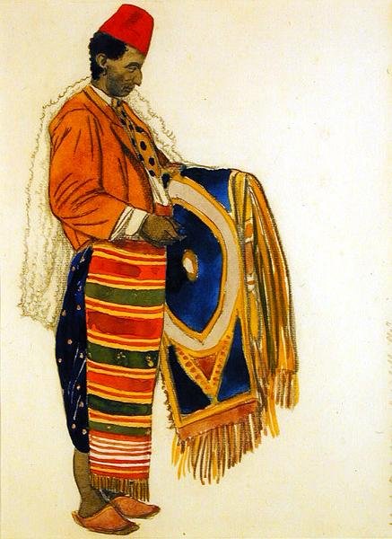 Kostymdesign för "Le Marchand de Tapis, Rue a Belleville" (akvarell och penna på papper) av Leon Bakst