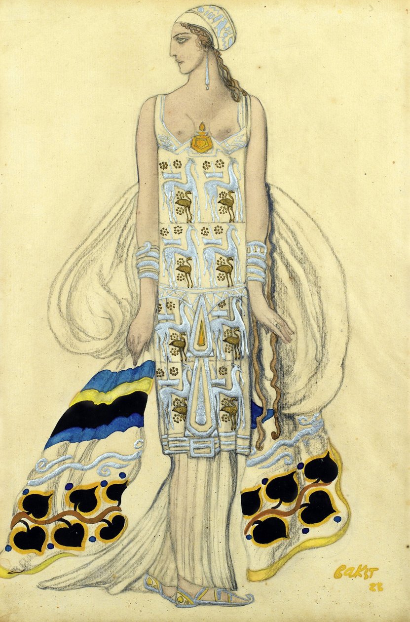 Kostymdesign för Ida Rubinstein i dramat Phaedra (Phedre) av Jean Racine - Bakst, Leon (1866-1924) - 1923 - Gouache och bläck på papper - 48x32 - Privat samling av Leon Bakst