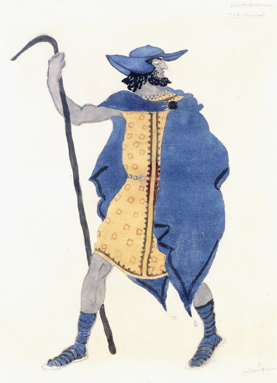 Kostymdesign för Oedipus på Colonus- the Stranger, ca. 1899-1909 (penna, med/c & silverfärg på papper) av Leon Bakst