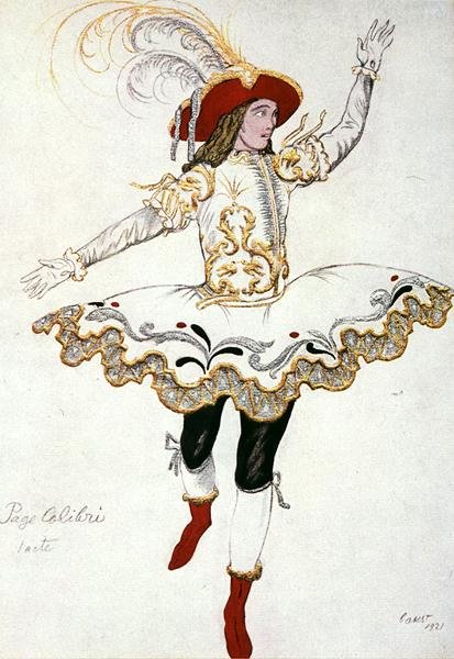 Kostymdesign för The Pageboy of the Fairy Humming Bird, från Sleeping Beauty av Leon Bakst