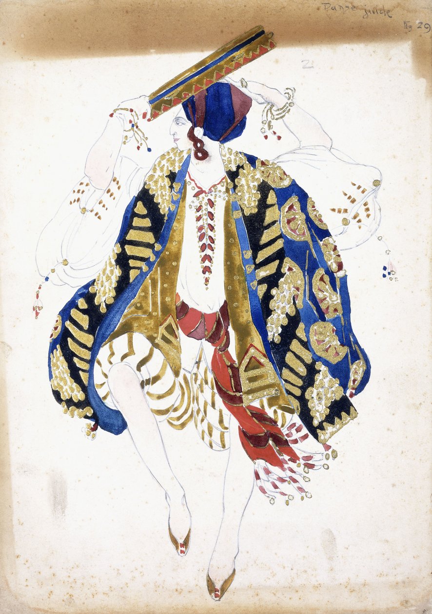 Kostymdesign för en manlig dansare i "Danse Juive", klädd i trosor och turban, spelar en tamburin, av Leon Bakst