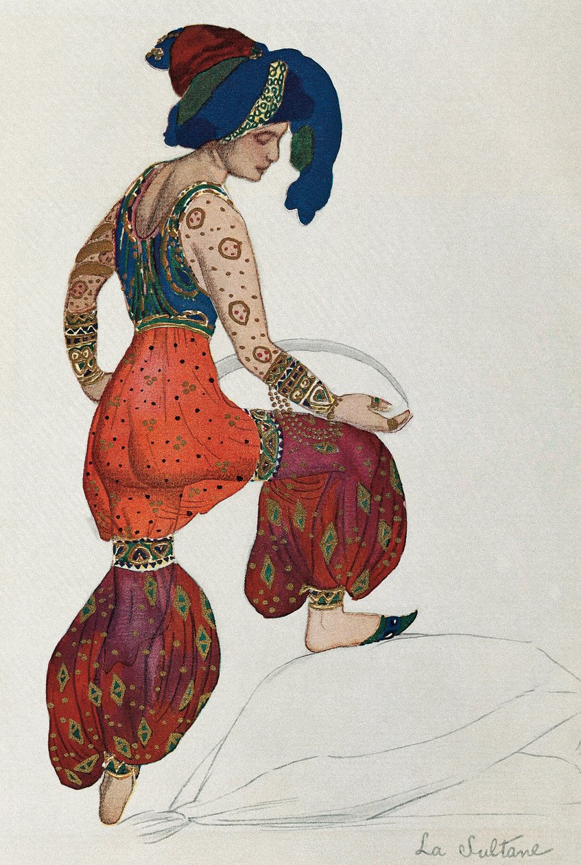 Dräkt av Vaslav Nijinsky eller Nijinsky (1889-1950) för karaktären av sultanen i baletten "Sheherazade" 1910 (akvarell på papper) av Leon Bakst
