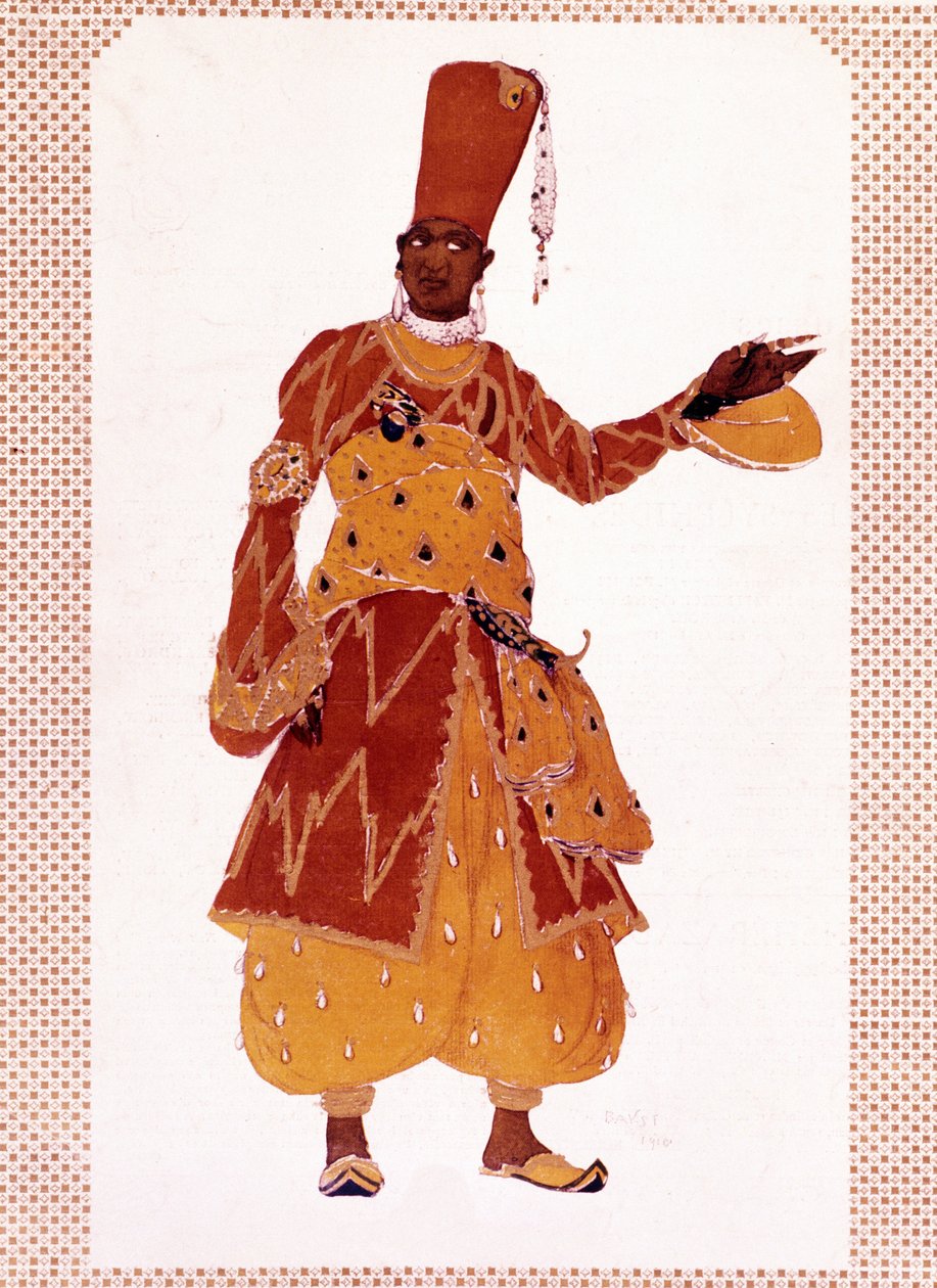 Dräkt för den store eunucken ritad av Lev Samoilovich Rosenberg kallad Leon Bakst (1866-1924) för baletten "" Sheherazade" (eller Scheherazade) komponerad av Nikolai Andreyevich Rimsky-Korsakov (Rimsky Korsakov eller Rimsky Korsakov). av Leon Bakst