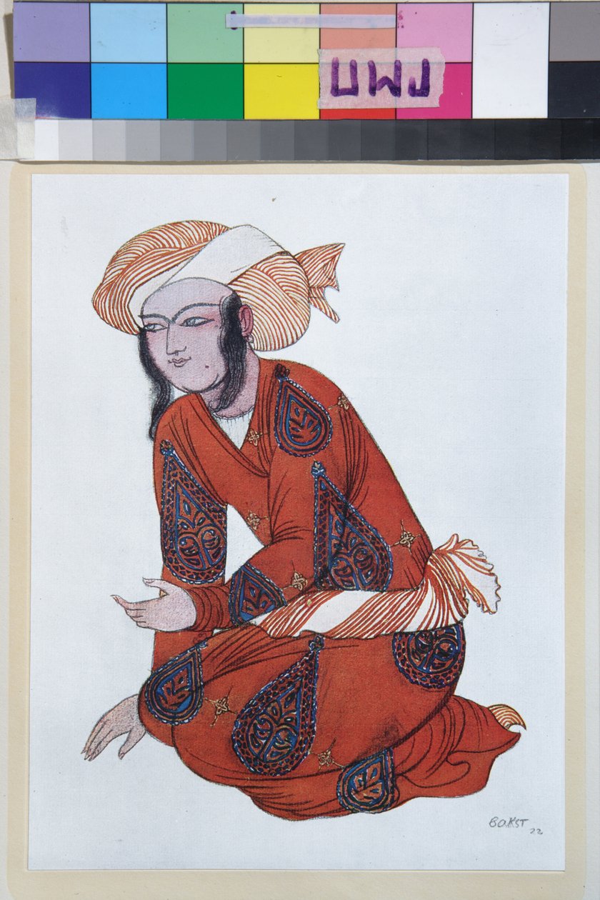 Kostym häll le ballet sheherazade de nicolas (Nikolai) Rimski Korsakov (1844-1908) - Oeuvre de Leon Bakst (1866-1924), lithografi 1922 - (Costume Design för Ballaide Bakst, färglith av Leon Bakst