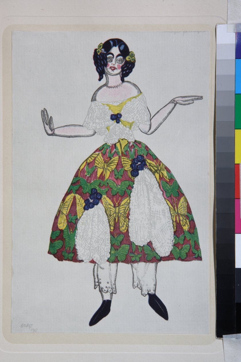 Kostym för Ballet La Boutique Fantaque av Gioachino Rossini - Work av Leon Bakst (1866-1924), litografi 1919 - (kostymdesign för baletten "" The Magic Toy Shop "" av Gioachino Rossini, av Leon Bakst, färglitograf av Leon Bakst