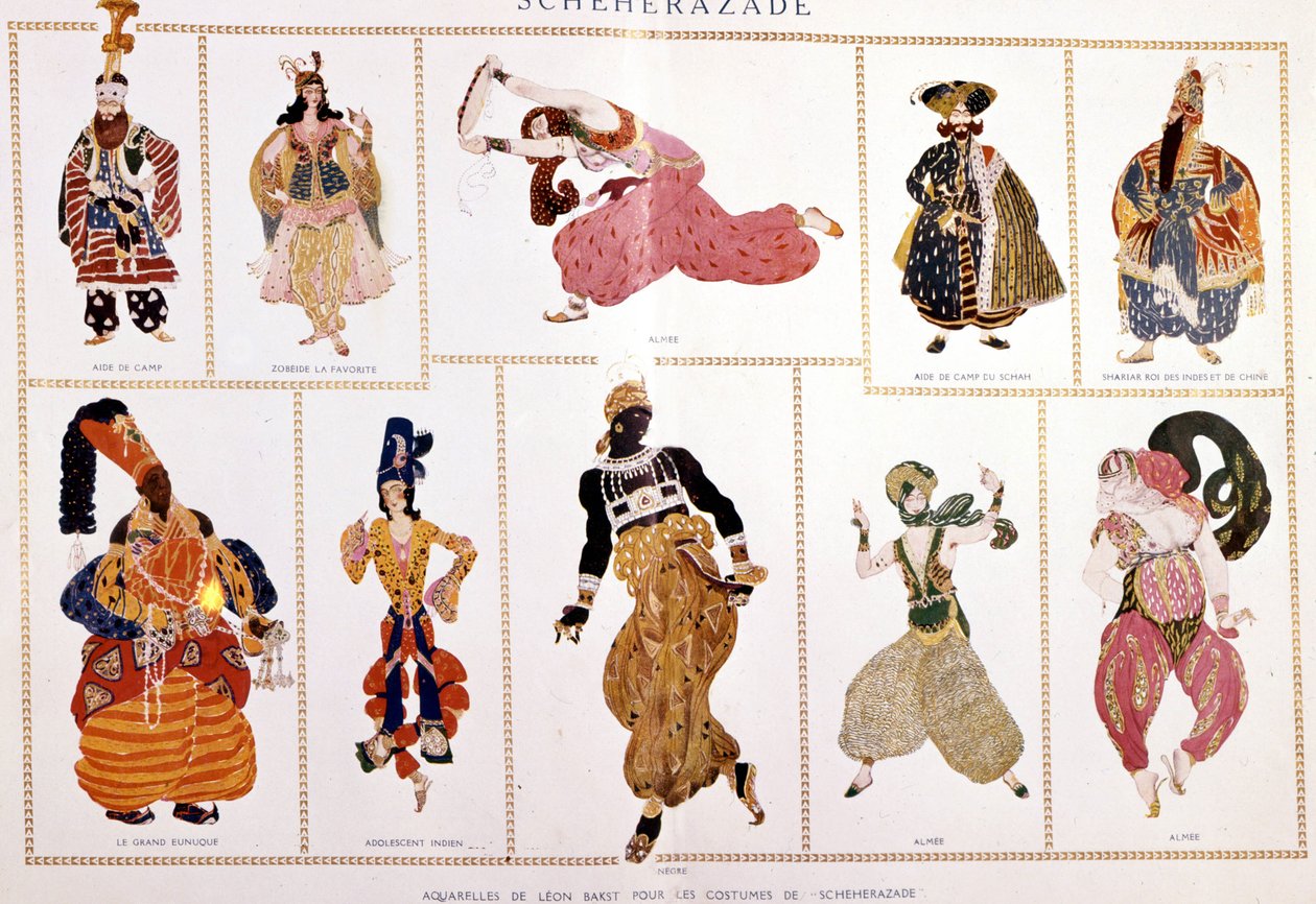 Tull för "Secherazade" (Seherazade). B. Nicholas (Nikolai) Rimsky Kroskov (Rimsky-Kroskov) (1844-1906), regisserad B. Leo box. av Leon Bakst