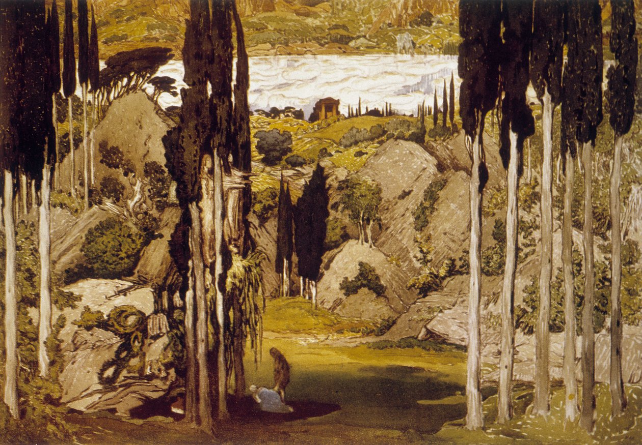 Dekor av Léon Bakst, rysk målare och dekoratör, baserad på en original akvarell, för Maurice Ravels balett "Daphnis et Chloé" av Leon Bakst