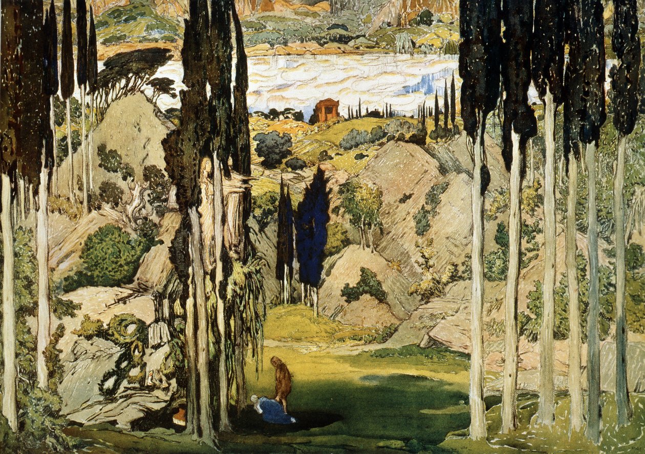 Scenografi till baletten Daphnis och Chloe av Maurice Ravel (1875-1937). Målning av Leon Bakst (1866-1924). Akvarell och gouache på papper, 74 x 103,5 cm av Leon Bakst