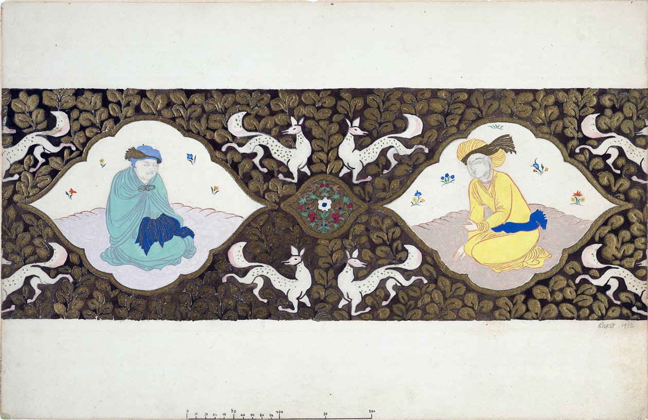 Förberedande dekor för baletten ""Ishtar"" av Bohuslav Martinu (1890-1959). (Scenografi för baletten Istar av B. Martinu). Två karaktärer klädda i det orientaliska, i en dekor av löv och djur. Verk av Leon Bakst (1866-1924), akvarell och av Leon Bakst