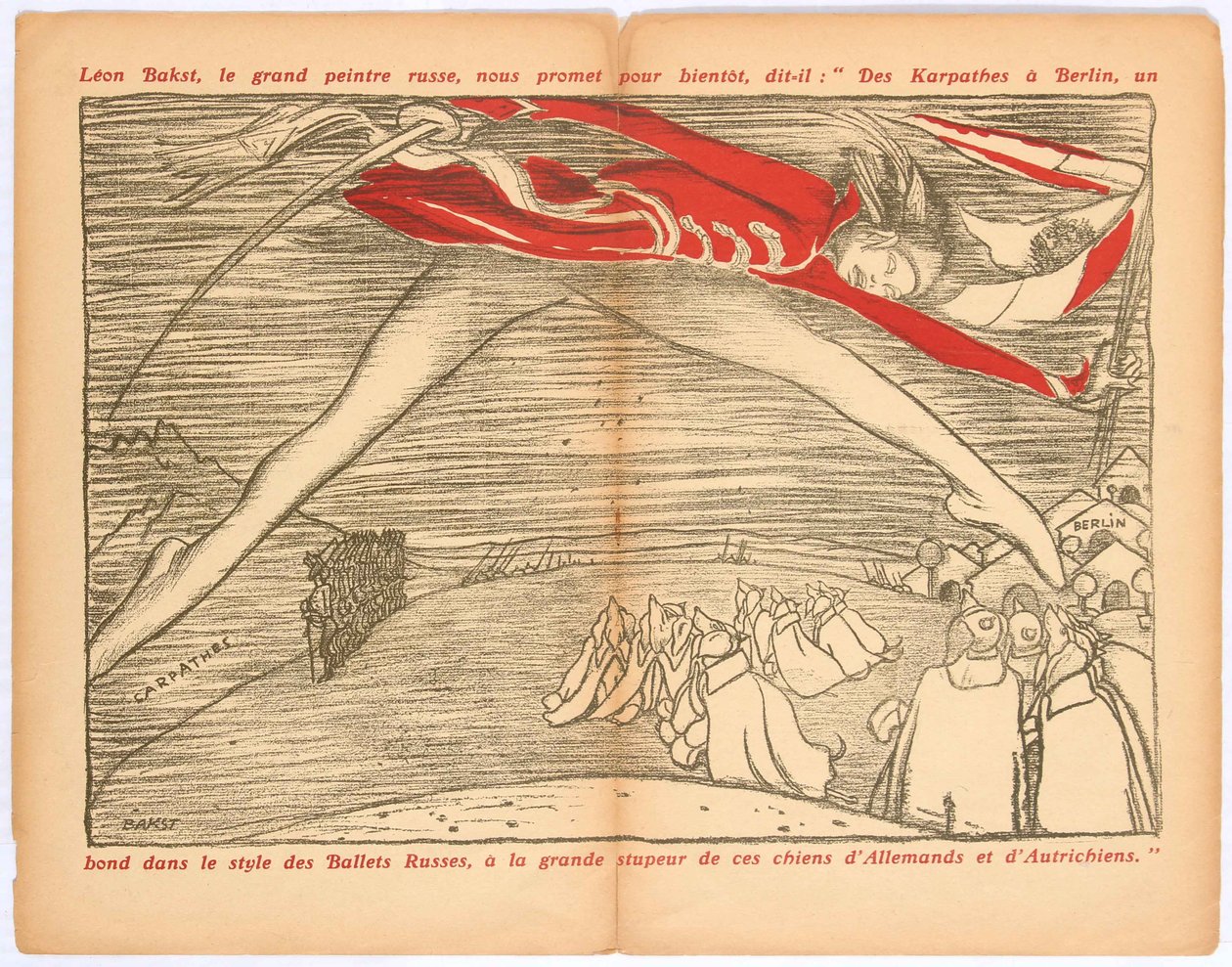 Från Karpaterna till Berlin, ett språng i stil med de ryska baletterna..., ca. 1915. av Leon Bakst