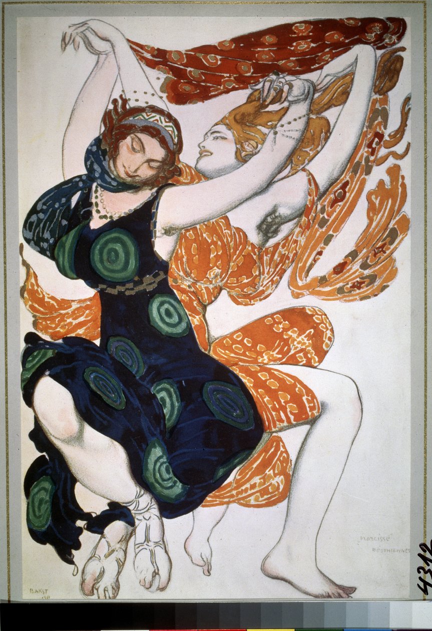 Två beotienner, kostym för baletten ""Narcisse"" av Nikolai Tcherepnin (Nicolas Tcherepnin) (1873-1945) (Två beotienner, kostymdesign för baletten Narcisse av N.Tcherepnin). Teckning av Leon Bakst (1866-1924). Akvarell, gouache, guld och silver på pa av Leon Bakst