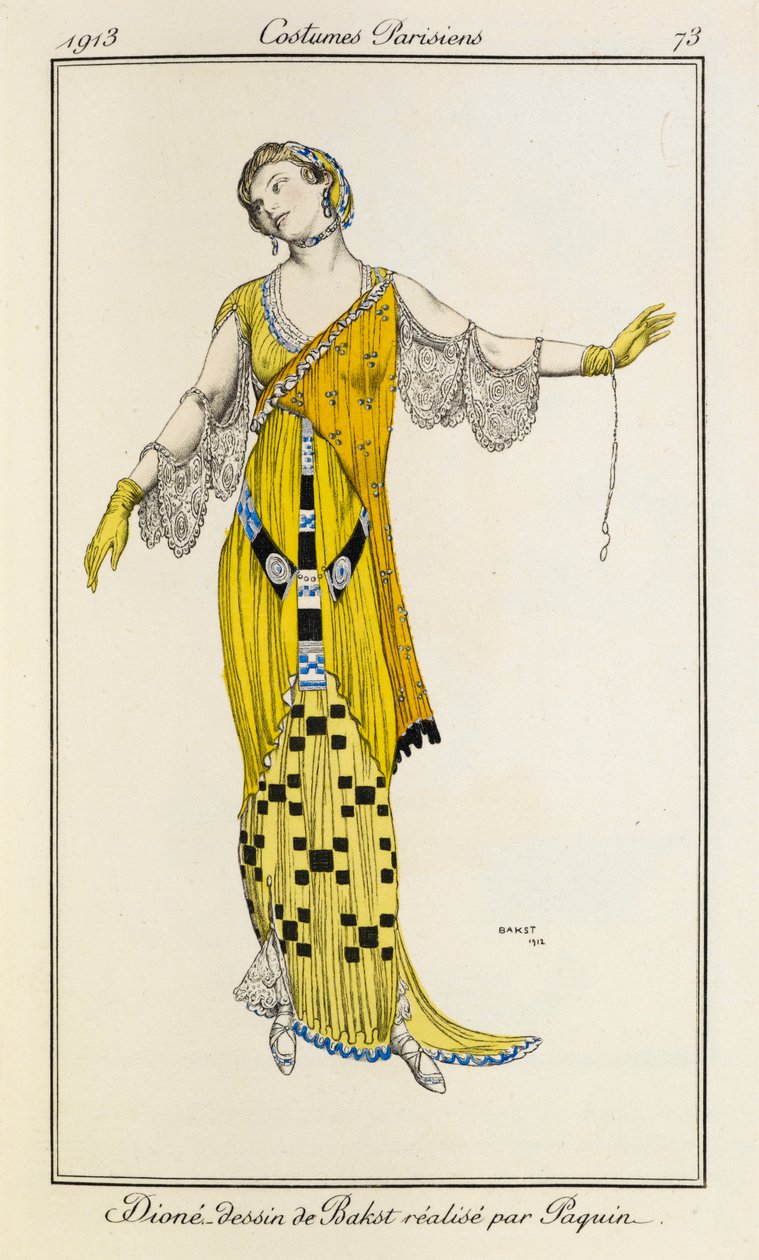 Dione, teckning av Bakst gjord av Jeanne Paquin. Parisiska Kostymer nr.73 av Leon Bakst