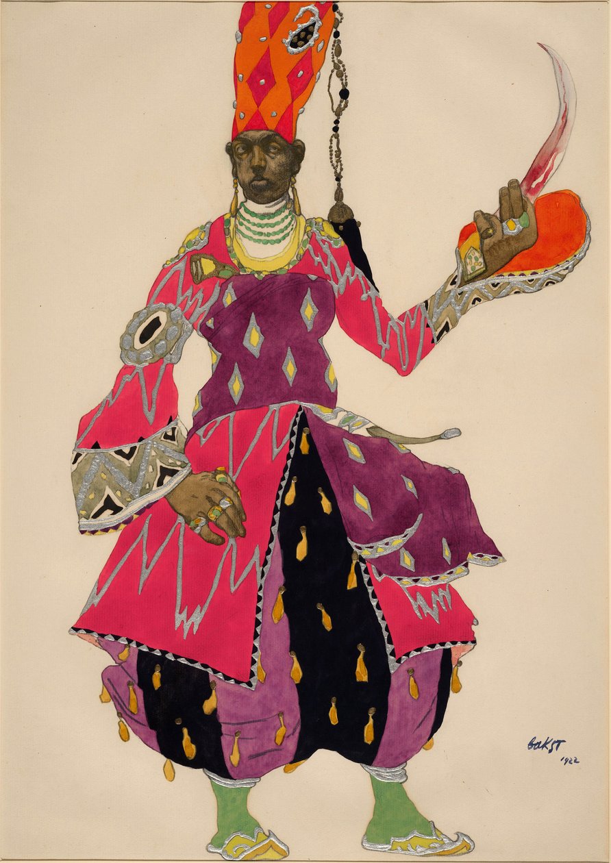 Eunuck "Eunuch" Kostym för baletten Sheherazade av Nicholas Rimsky Korsakov (Rimsky-Korsakov) 1922 (akvarell). Kostym för baletten Sheherazade (Scheharazade) av Nicholas (Nikolai) Rimsky Korsakov (Rimsky-Korsakov) (1844-1908) av Leon Bakst