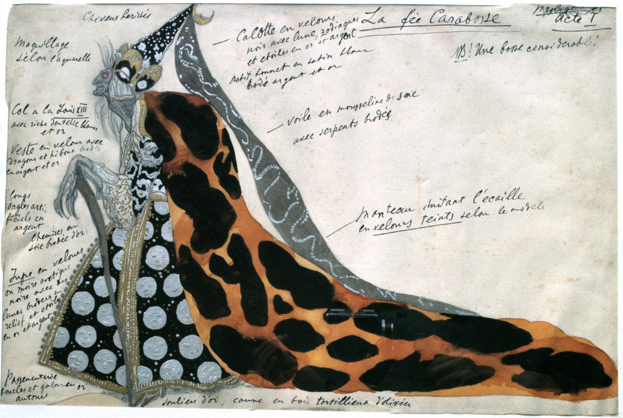 Fairy Carabosse, kostymdesign för Tchaikovskys balett Törnrosa, tidigt 1800-tal av Leon Bakst