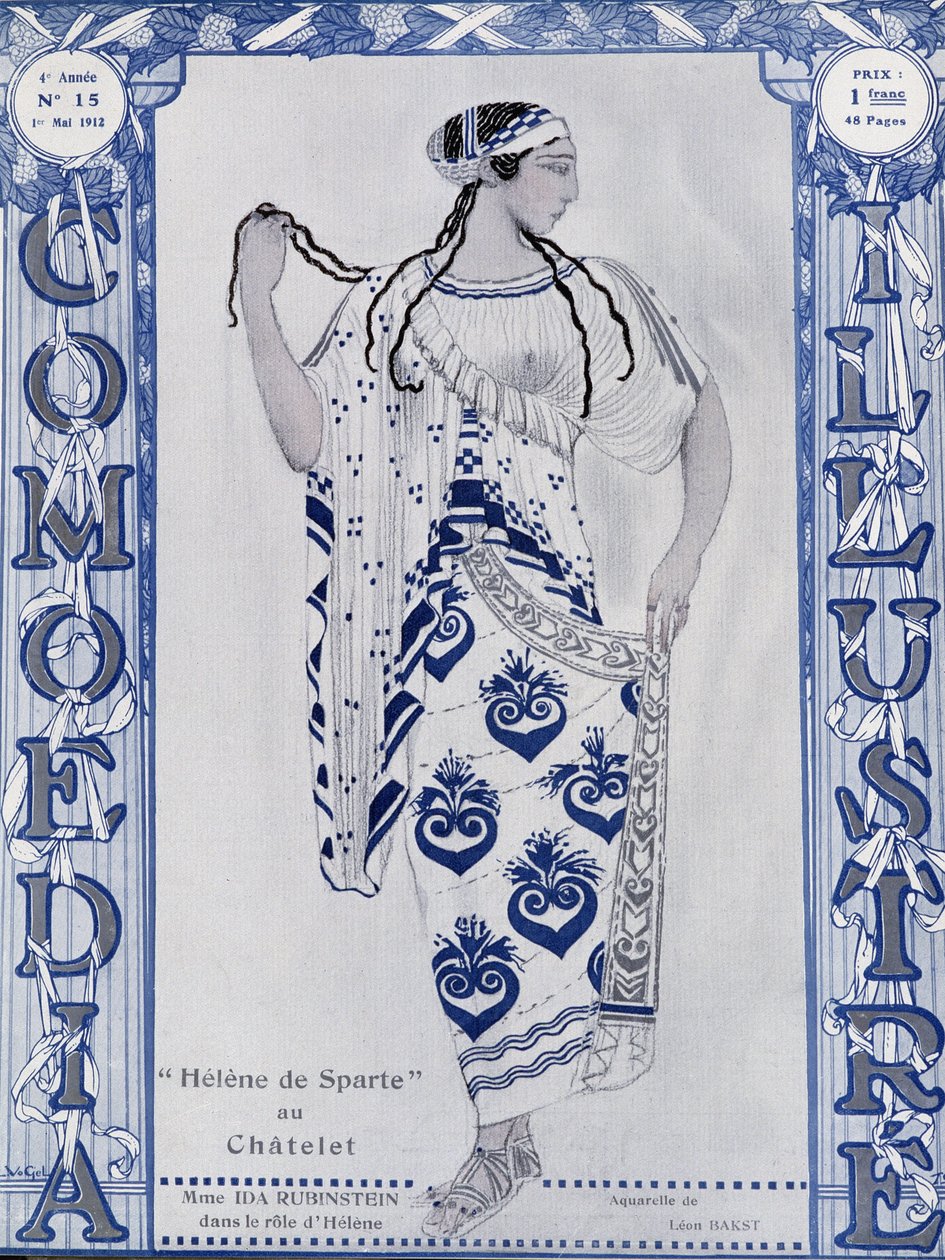 Les Ballets Russes: Helen of Sparta at the Chatelet, Miss Ida Rubinstein i rollen som Helen - akvarell av Bakst, cov. i "" Comoedia illustrerad"" av Leon Bakst